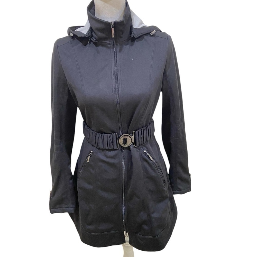 Laundry by Shelli Segal black belted zip up jacket with removal hood size small